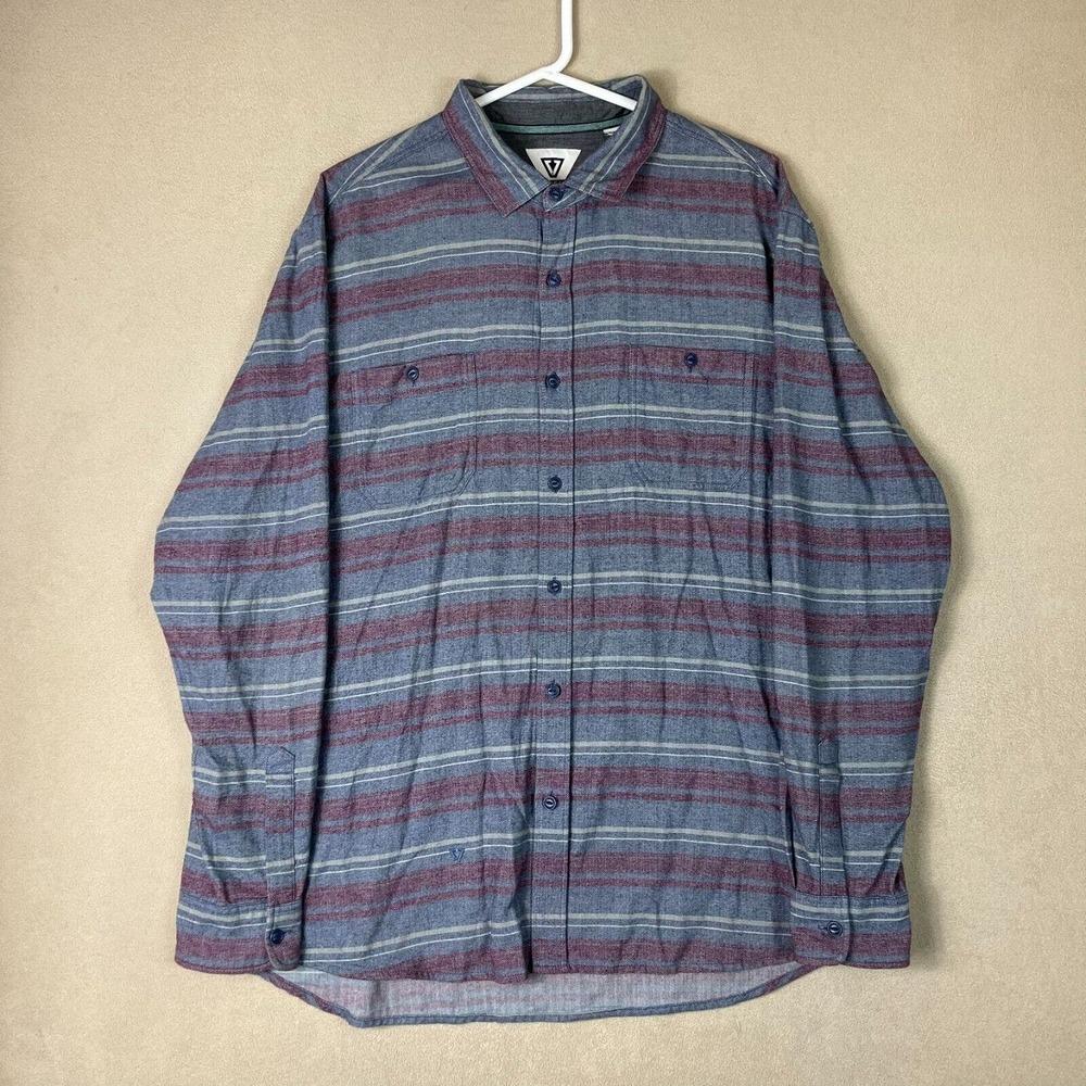 Vissla Shirt Mens Extra Large Gray Red Volt Striped Button Up Long Sleeve Adult